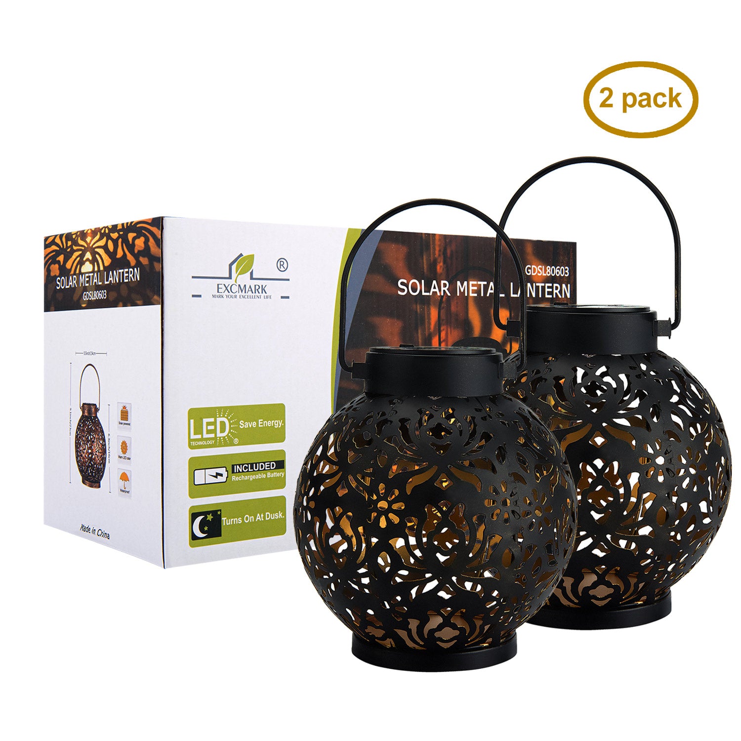 2 Pack Outdoor Solar Hanging Lantern Lights Metal LED Decorative Light for Garden Patio Courtyard Lawn and Tabletop with Hollowed-Out Design. Black Color.