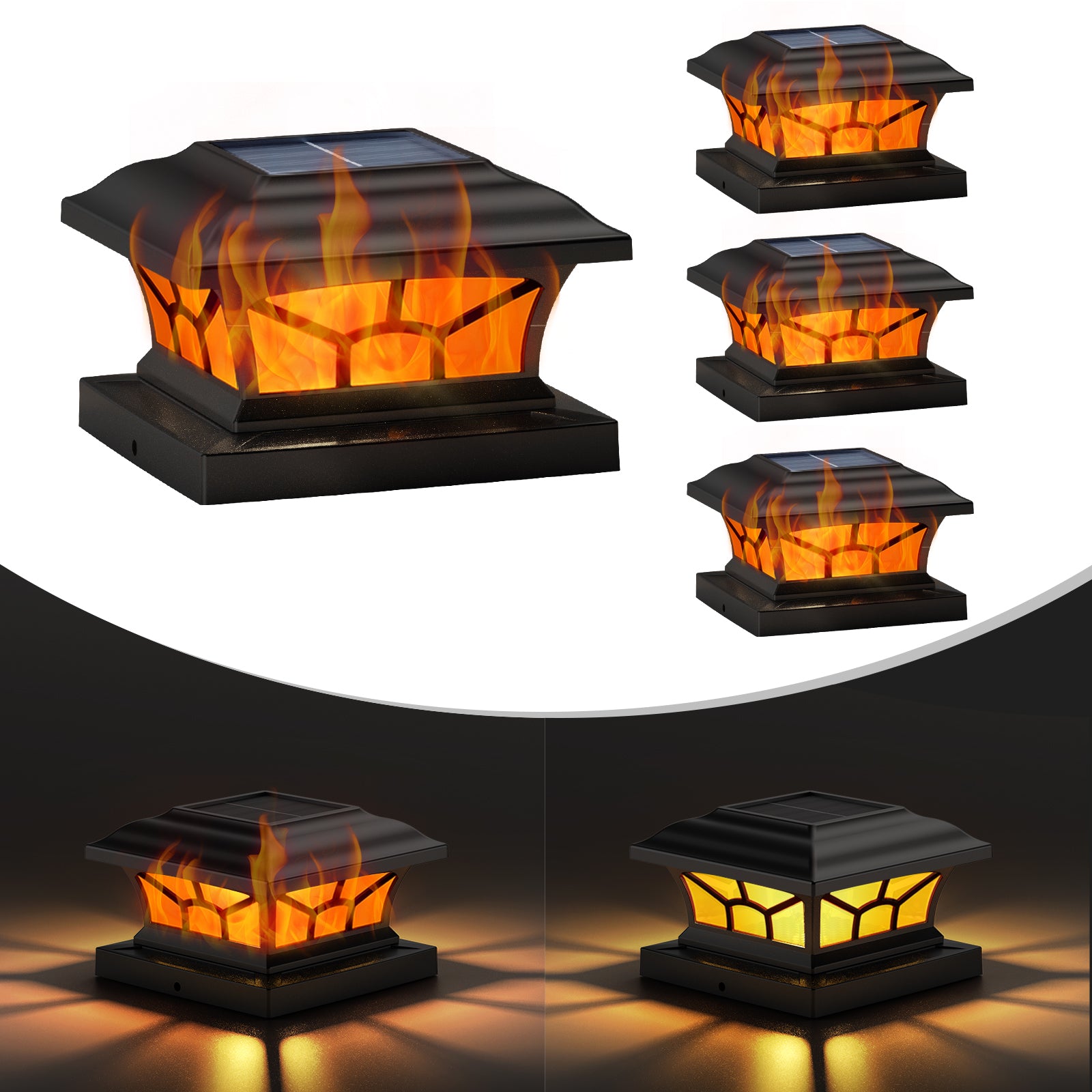 Solar Post Cap Lights Outdoor Flickering Flame & Warm White, Fits 4x4 5x5 6x6 Wooden or Vinyl Posts, Waterproof Solar Fence Deck Lights for Yard Garden Patio Decoration.
