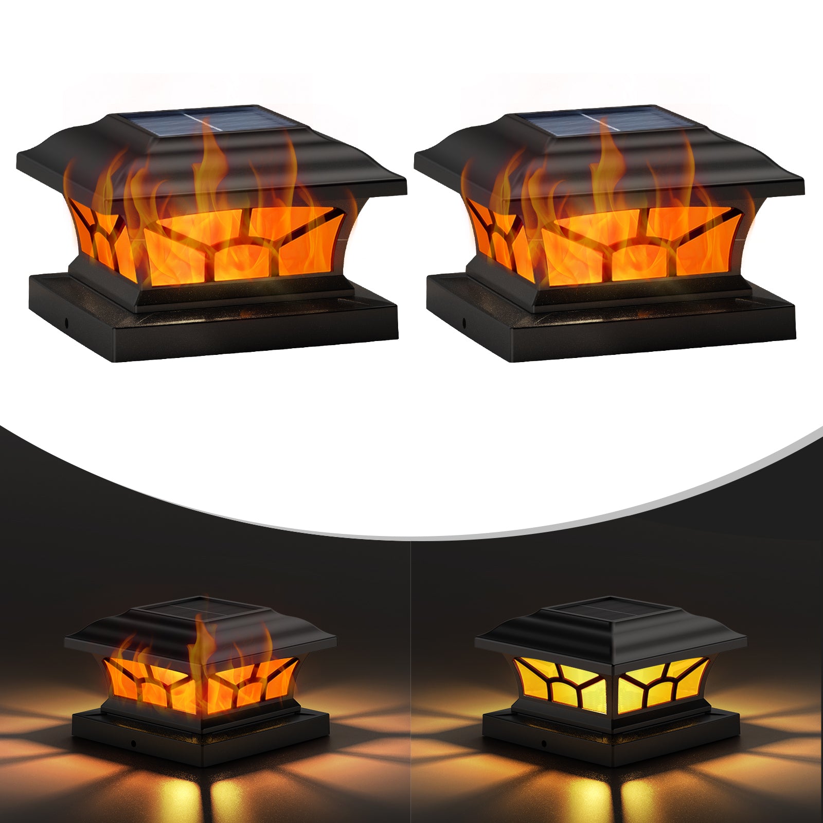 Solar Post Cap Lights Outdoor Flickering Flame & Warm White, Fits 4x4 5x5 6x6 Wooden or Vinyl Posts, Waterproof Solar Fence Deck Lights for Yard Garden Patio Decoration.