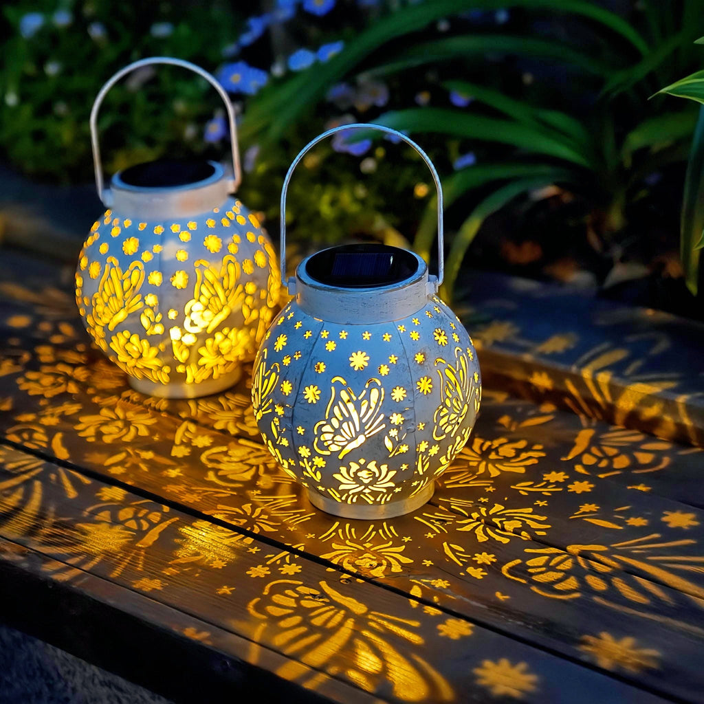 Set of 2 Solar Hanging Lantern Lights Outdoor Waterproof Metal Decorative for Garden Patio Yard Lawn and Tabletop Decorations. Unique Gifts for Women Mum Butterfly Lovers.