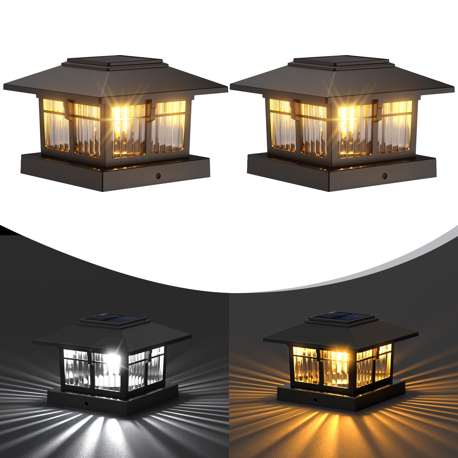 4x4 Solar Post Cap Lights Fence Deck Post Lights Outdoor Solar Powered Waterproof with Two Light Modes Warm&Cool White for Garden Patio Decor