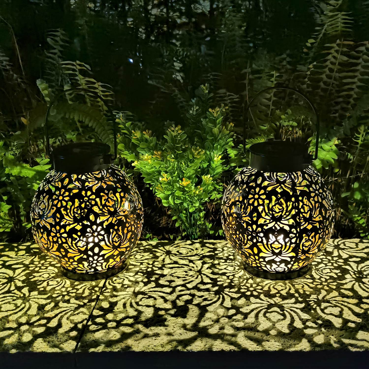 2 Pack Outdoor Solar Hanging Lantern Lights Metal LED Decorative Light for Garden Patio Courtyard Lawn and Tabletop with Hollowed-Out Design. Black Color.