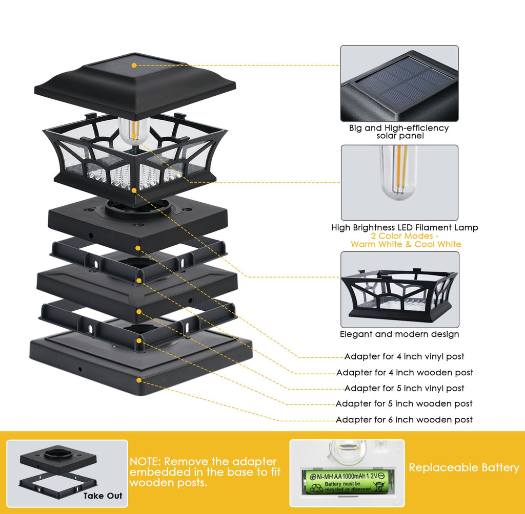 Solar Post Cap Lights Outdoor Waterproof, Fits 4x4, 5x5, 6x6 Wooden & Vinyl Fence Decks, Edison LED Bulb with Warm & Cool White Light Modes. Black color.