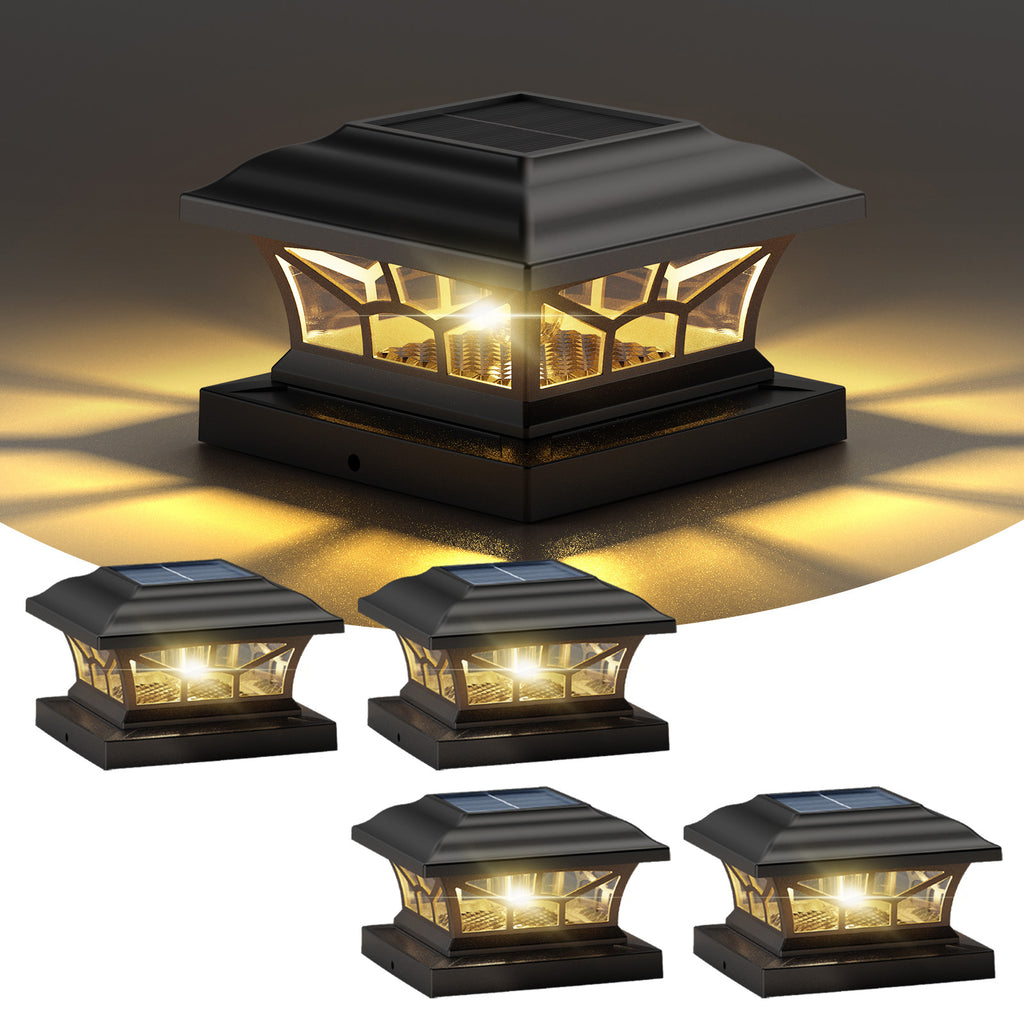 Solar Post Cap Lights Outdoor Waterproof, Fits 4x4, 5x5, 6x6 Wooden & Vinyl Fence Decks, Edison LED Bulb with Warm & Cool White Light Modes. Black color.