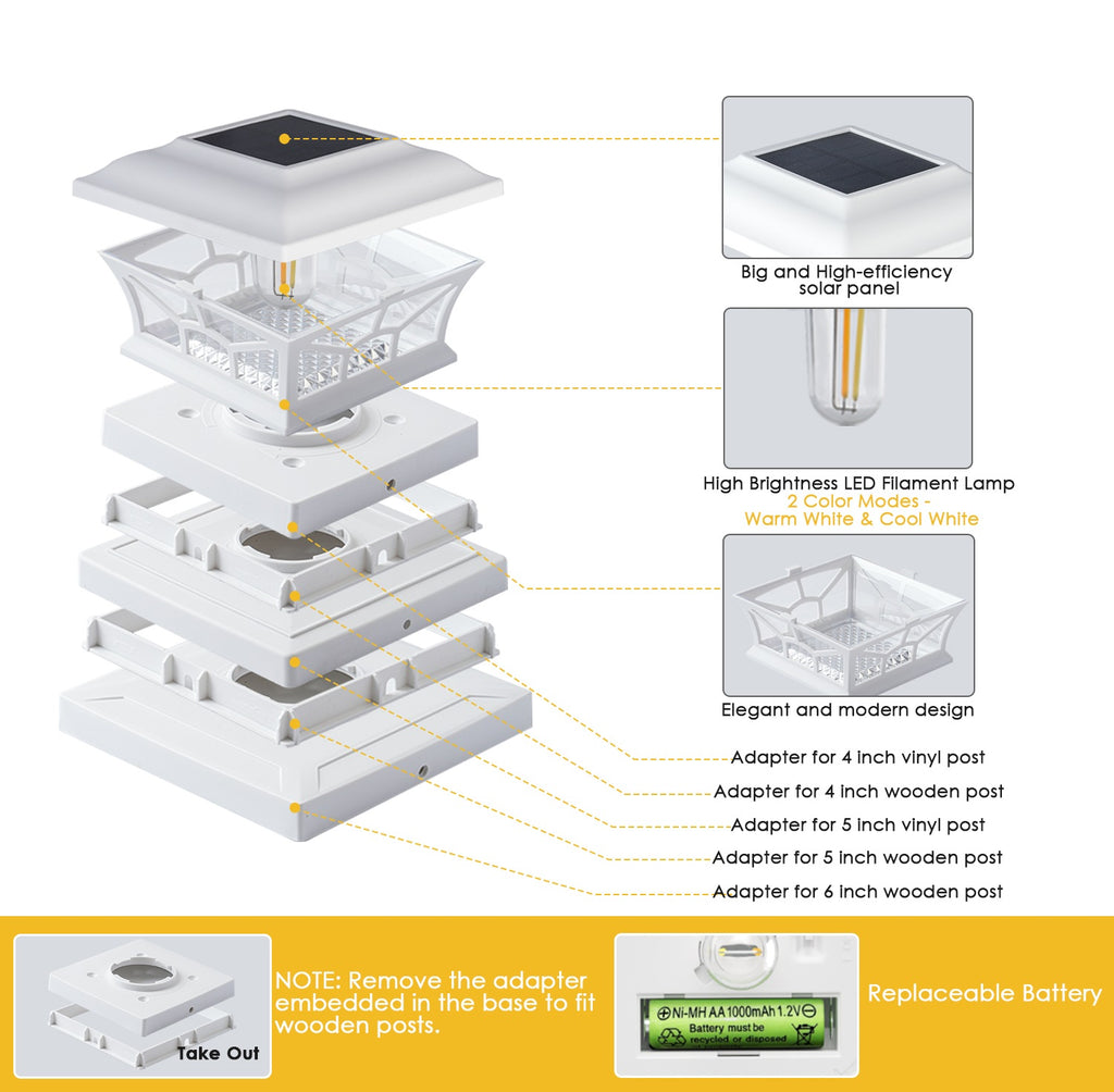 Solar Post Cap Lights Outdoor Waterproof, Fits 4x4, 5x5, 6x6 Wooden & Vinyl Fence Decks, Edison LED Bulb with Warm & Cool White Light Modes. White color.