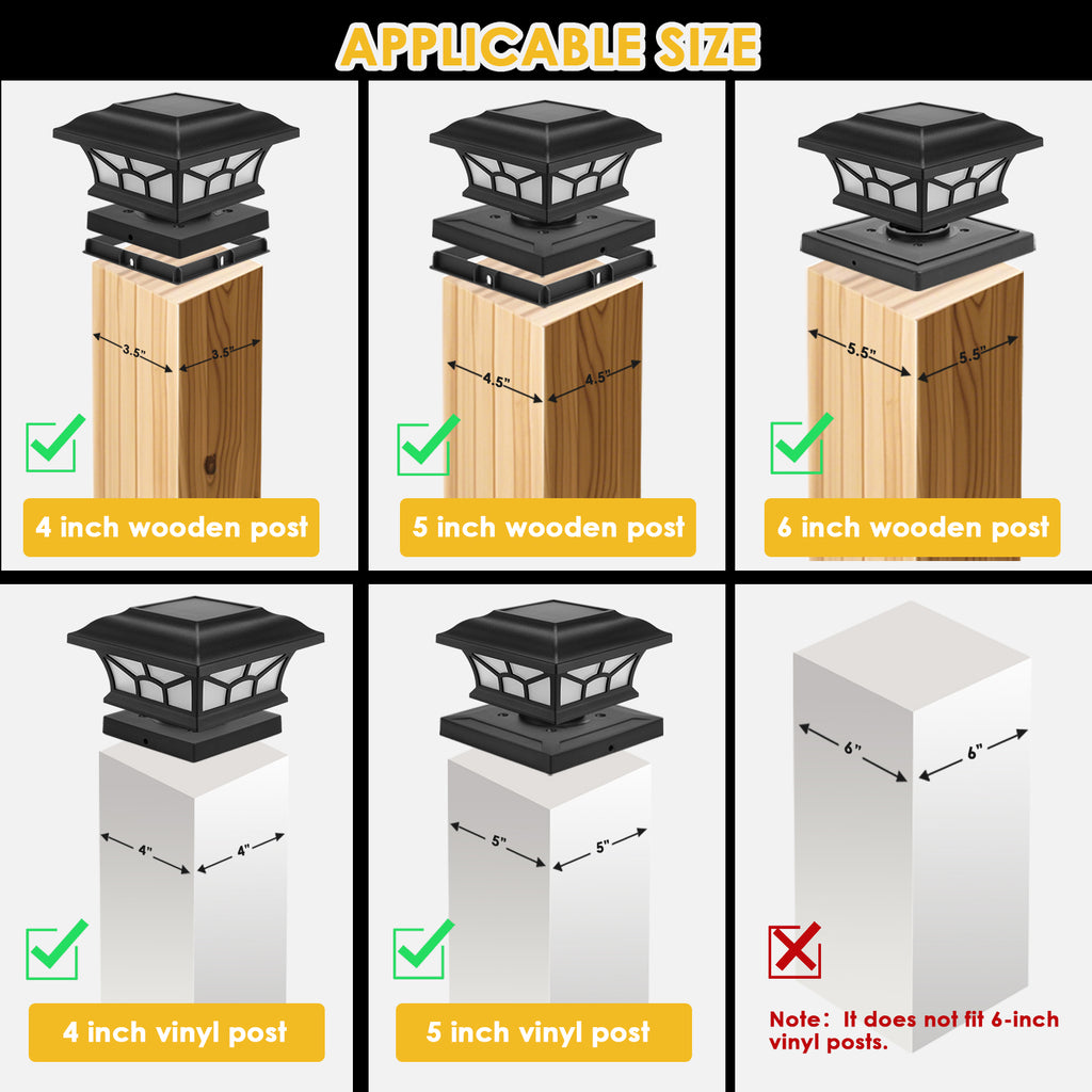 Solar Post Cap Lights Outdoor Flickering Flame & Warm White, Fits 4x4 5x5 6x6 Wooden or Vinyl Posts, Waterproof Solar Fence Deck Lights for Yard Garden Patio Decoration.