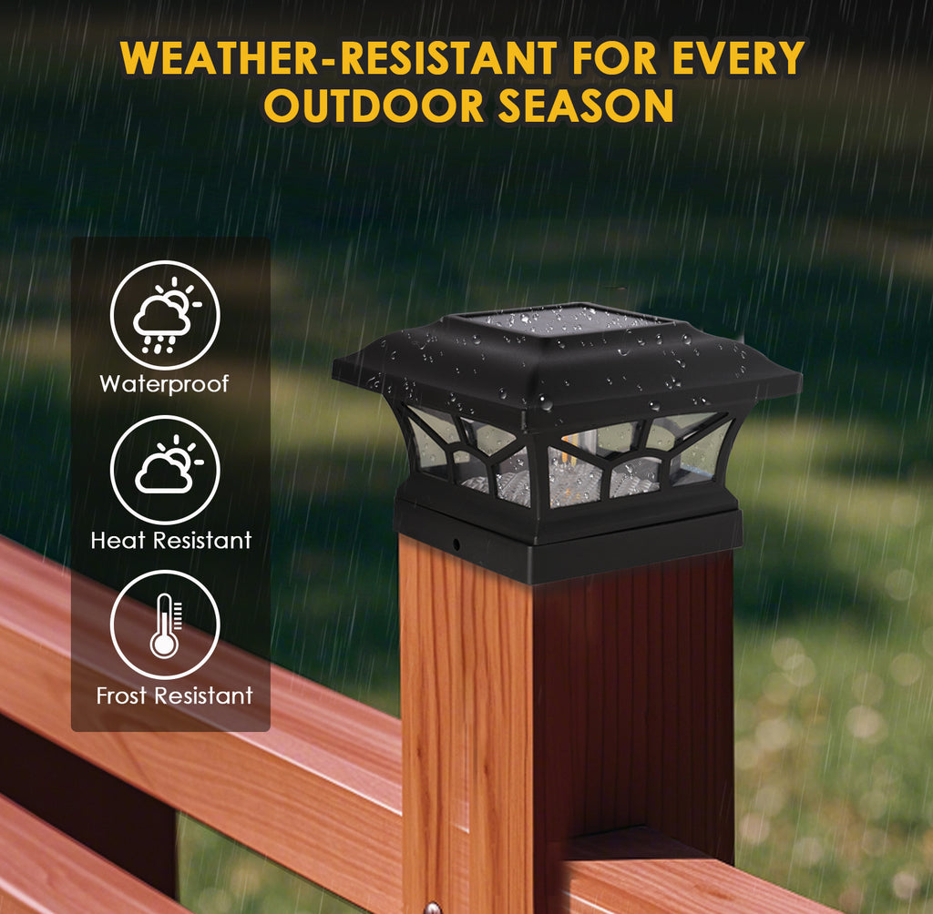 Solar Post Cap Lights Outdoor Waterproof, Fits 4x4, 5x5, 6x6 Wooden & Vinyl Fence Decks, Edison LED Bulb with Warm & Cool White Light Modes. Black color.