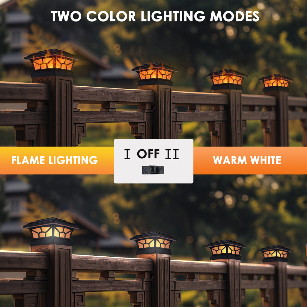 Solar Post Cap Lights Outdoor Flickering Flame & Warm White, Fits 4x4 5x5 6x6 Wooden or Vinyl Posts, Waterproof Solar Fence Deck Lights for Yard Garden Patio Decoration.