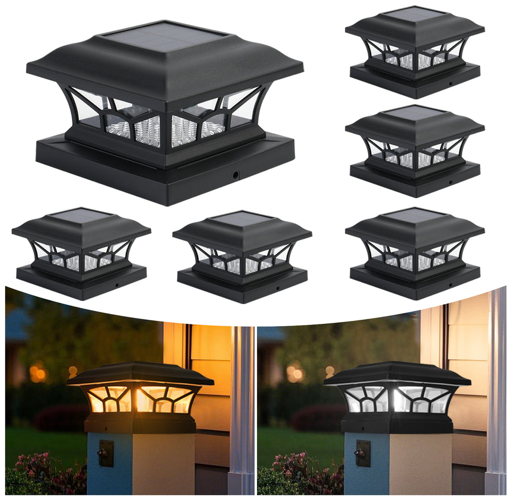 Solar Post Cap Lights Outdoor Waterproof, Fits 4x4, 5x5, 6x6 Wooden & Vinyl Fence Decks, Edison LED Bulb with Warm & Cool White Light Modes. Black color.