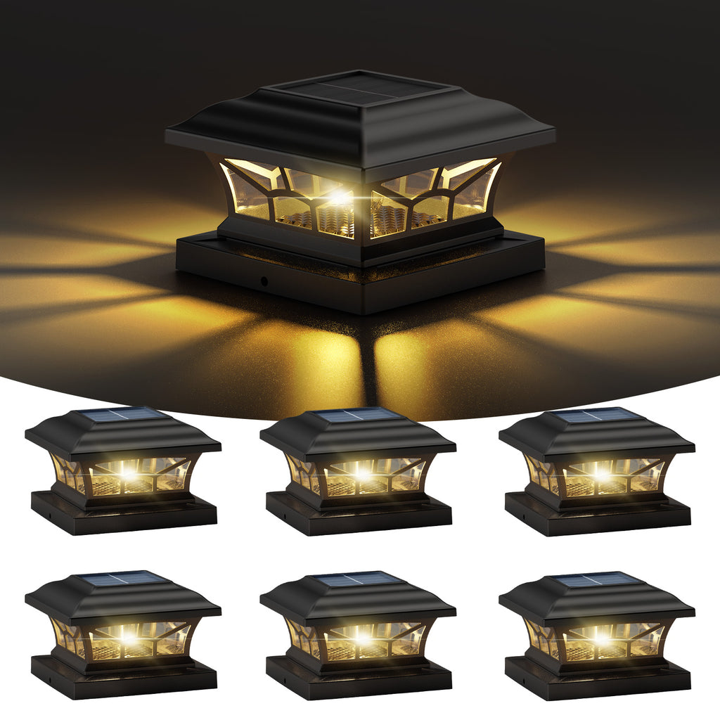 Solar Post Cap Lights Outdoor Waterproof, Fits 4x4, 5x5, 6x6 Wooden & Vinyl Fence Decks, Edison LED Bulb with Warm & Cool White Light Modes. Black color.