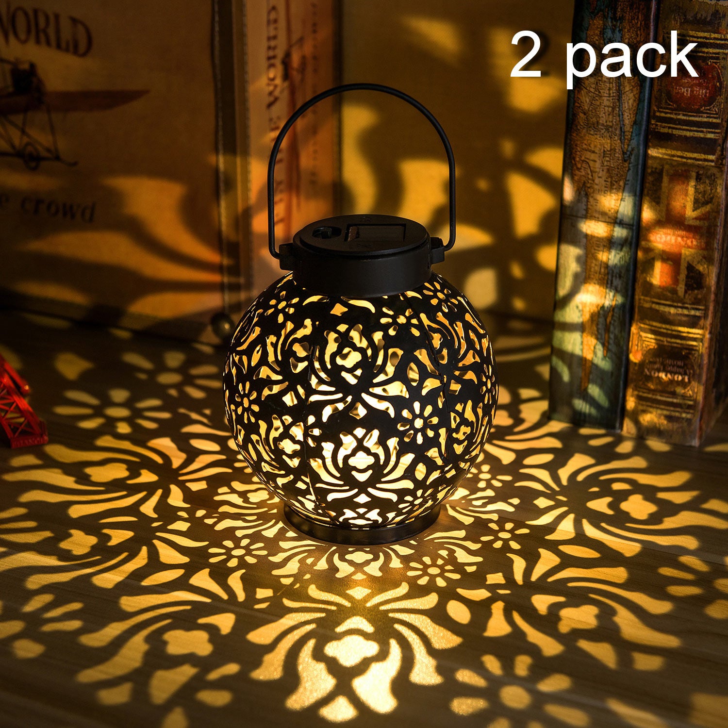 2 Pack Outdoor Solar Hanging Lantern Lights Metal LED Decorative Light for Garden Patio Courtyard Lawn and Tabletop with Hollowed-Out Design. Black Color.