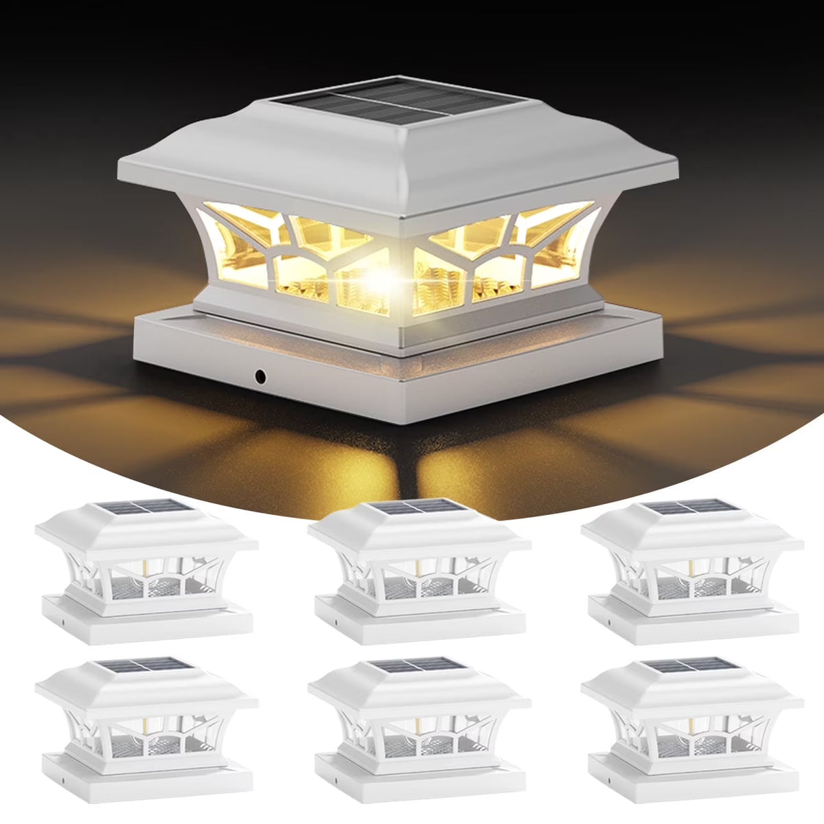 Solar Post Cap Lights Outdoor Waterproof, Fits 4x4, 5x5, 6x6 Wooden & Vinyl Fence Decks, Edison LED Bulb with Warm & Cool White Light Modes. White color.