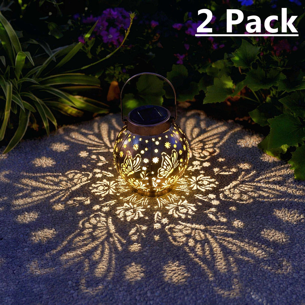 Set of 2 Solar Hanging Lantern Lights Outdoor Waterproof Metal Decorative for Garden Patio Yard Lawn and Tabletop Decorations. Unique Gifts for Women Mum Butterfly Lovers.