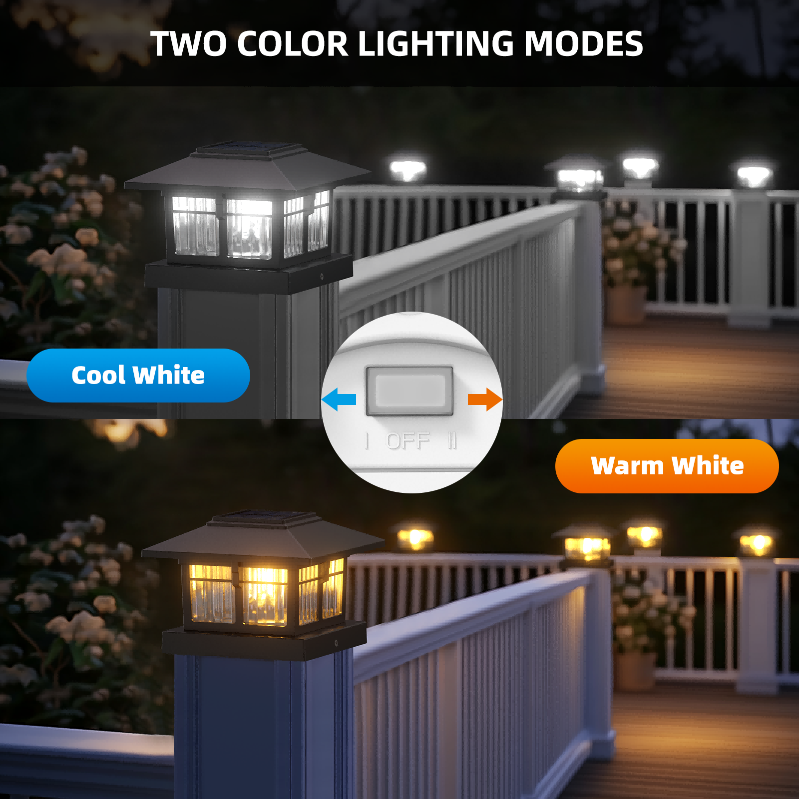 4x4 Solar Post Cap Lights Fence Deck Post Lights Outdoor Solar Powered Waterproof with Two Light Modes Warm&Cool White for Garden Patio Decor