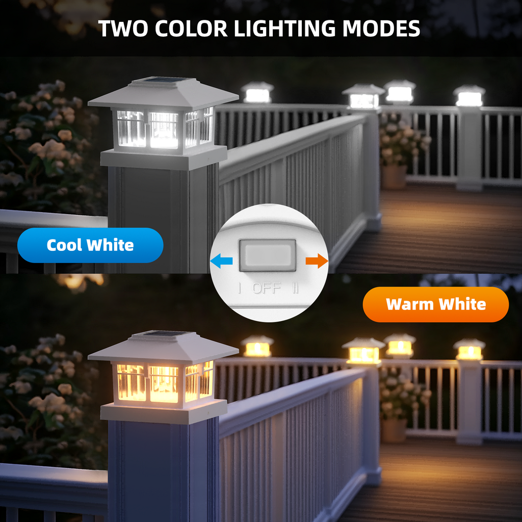 4x4 Solar Post Cap Lights Fence Deck Post Lights Outdoor Solar Powered Waterproof with Two Light Modes Warm&Cool White for Garden Patio Decor