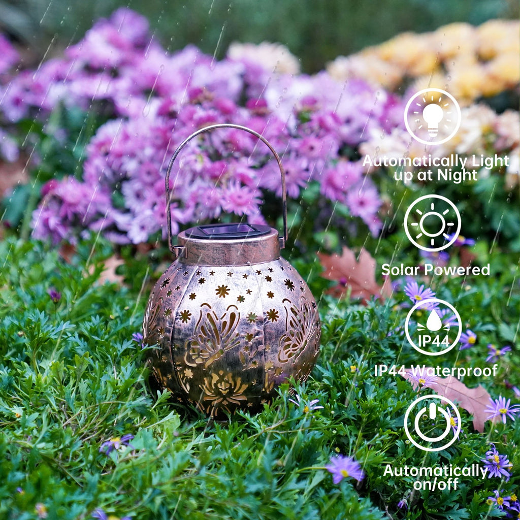 Set of 2 Solar Hanging Lantern Lights Outdoor Waterproof Metal Decorative for Garden Patio Yard Lawn and Tabletop Decorations. Unique Gifts for Women Mum Butterfly Lovers.