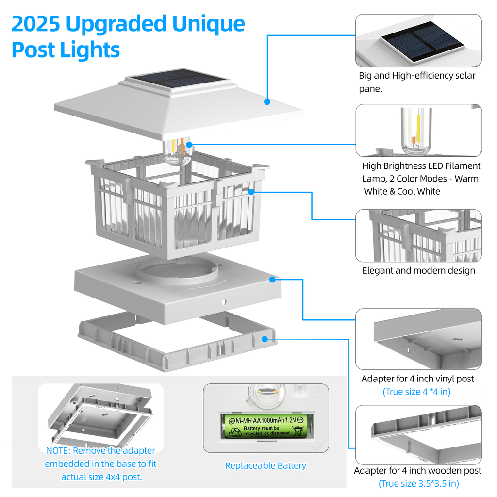 4x4 Solar Post Cap Lights Fence Deck Post Lights Outdoor Solar Powered Waterproof with Two Light Modes Warm&Cool White for Garden Patio Decor