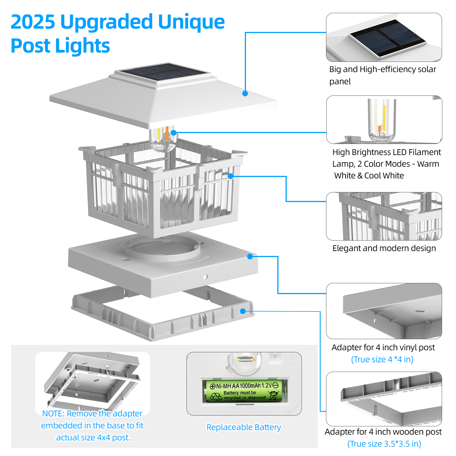 4x4 Solar Post Cap Lights Fence Deck Post Lights Outdoor Solar Powered Waterproof with Two Light Modes Warm&Cool White for Garden Patio Decor