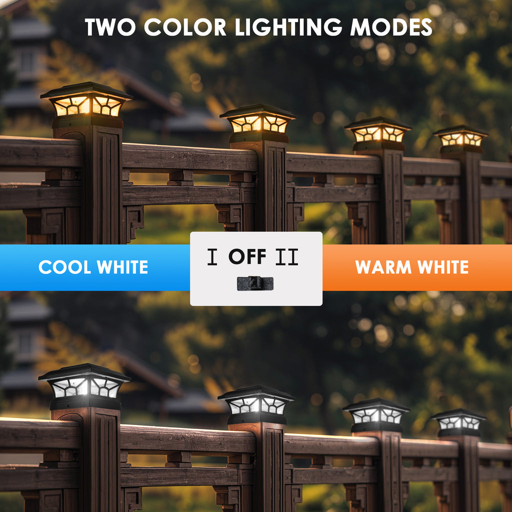 Solar Post Cap Lights Outdoor Waterproof, Fits 4x4, 5x5, 6x6 Wooden & Vinyl Fence Decks, Edison LED Bulb with Warm & Cool White Light Modes. Black color.