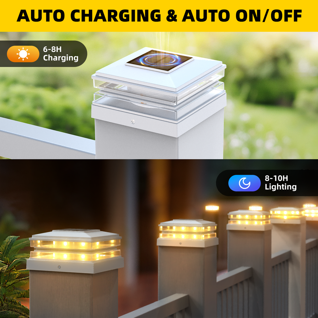 4x4 Solar Post Cap Lights Outdoor Waterproof Fence Deck Post Lights with High-Brightness LEDs, Dual Light Modes Warm & Cool White.