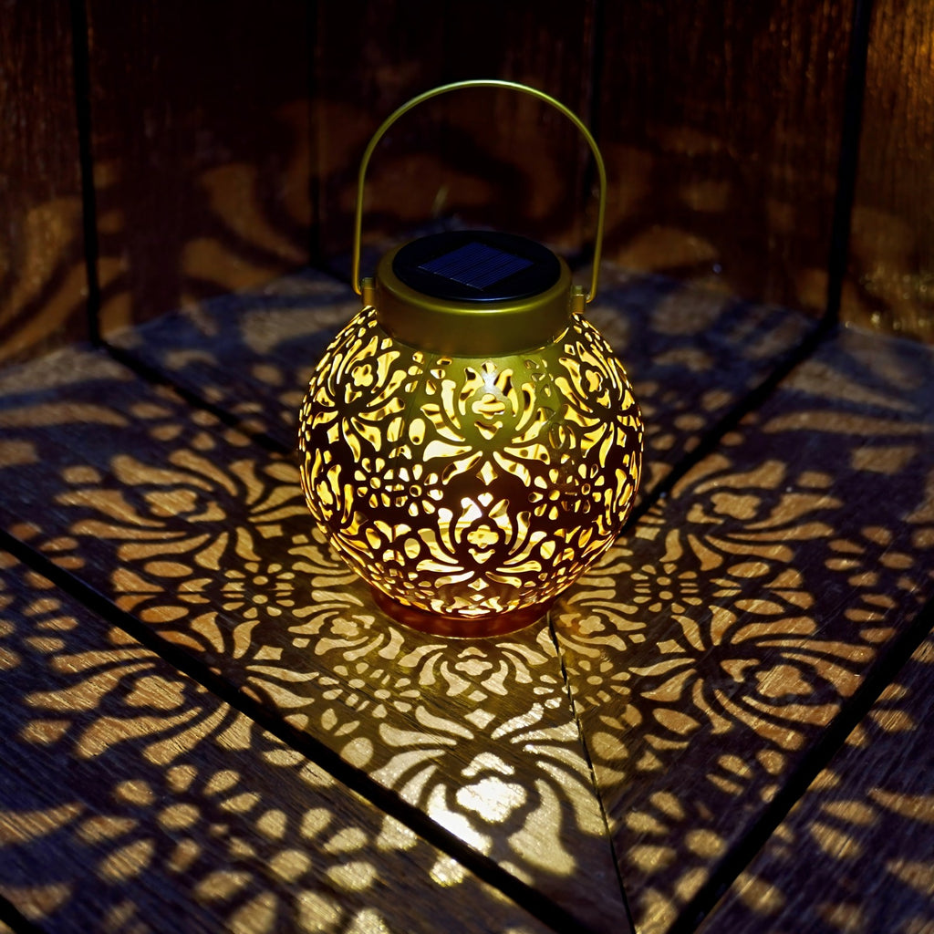 2 Pack Outdoor Solar Hanging Lantern Lights Metal LED Decorative Lamp for Garden Patio Courtyard Lawn and Table with Hollowed-Out Design (Sunset Blaze)