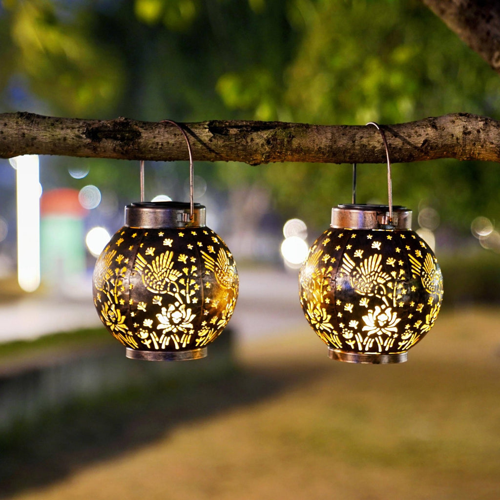 Set of 2 Solar Hanging Lantern Lights Outdoor Waterproof Metal Decorative for Garden Patio Yard Lawn and Tabletop Decorations. Unique Gifts for Women Mum Hummingbird Lovers.