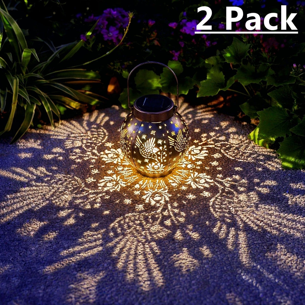 Set of 2 Solar Hanging Lantern Lights Outdoor Waterproof Metal Decorative for Garden Patio Yard Lawn and Tabletop Decorations. Unique Gifts for Women Mum Hummingbird Lovers.