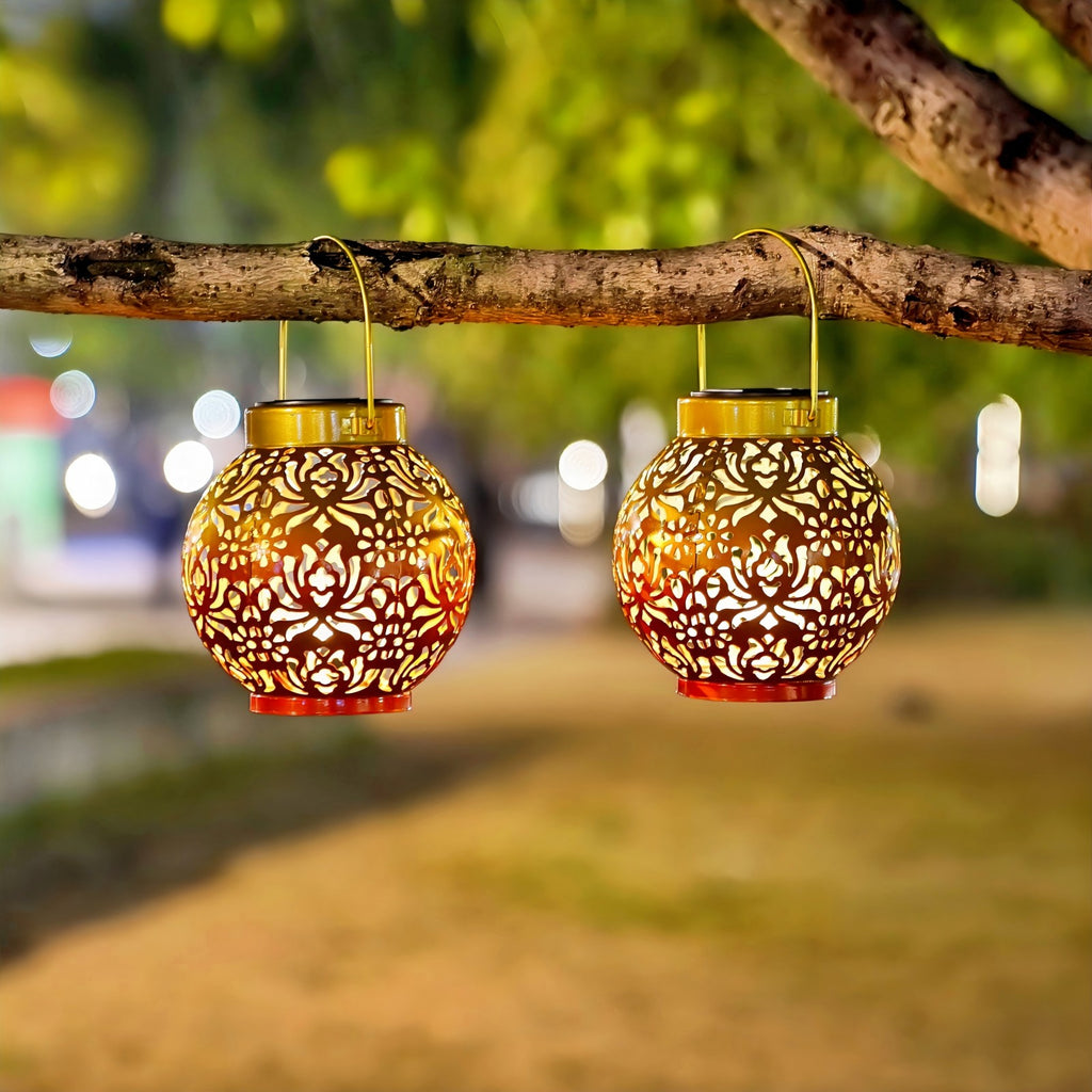 2 Pack Outdoor Solar Hanging Lantern Lights Metal LED Decorative Lamp for Garden Patio Courtyard Lawn and Table with Hollowed-Out Design (Sunset Blaze)