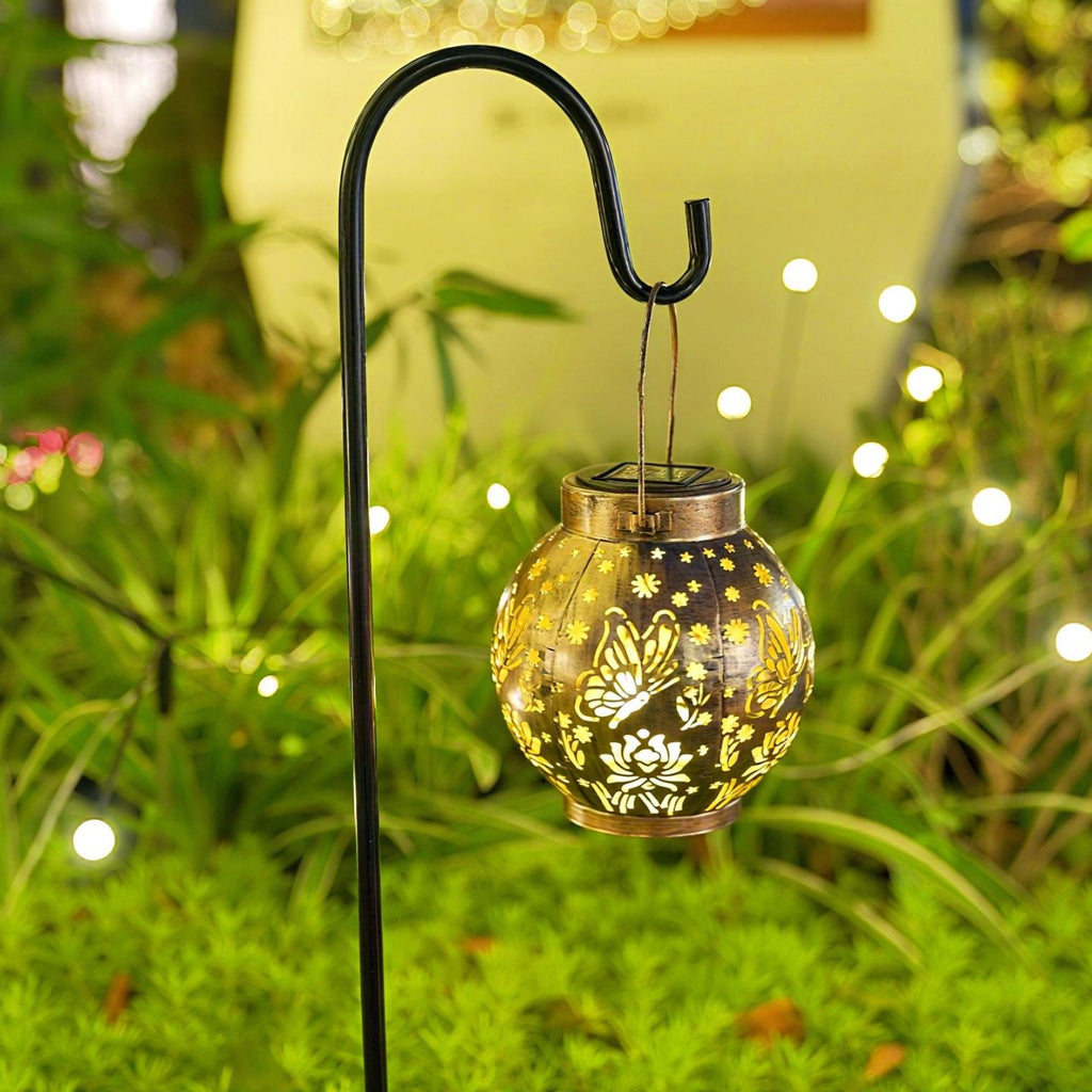 Set of 2 Solar Hanging Lantern Lights Outdoor Waterproof Metal Decorative for Garden Patio Yard Lawn and Tabletop Decorations. Unique Gifts for Women Mum Butterfly Lovers.