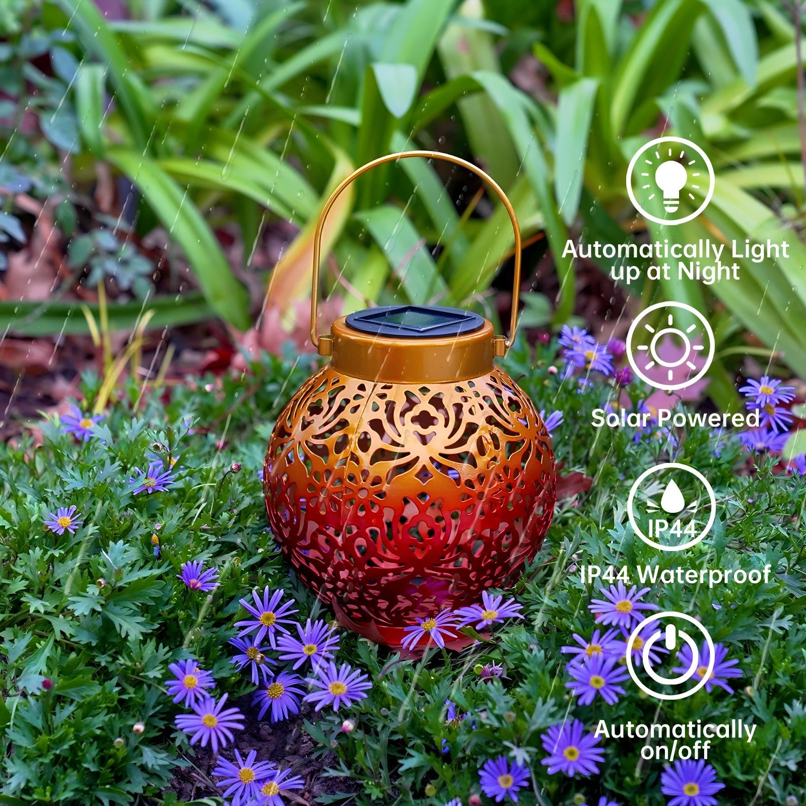 2 Pack Outdoor Solar Hanging Lantern Lights Metal LED Decorative Lamp for Garden Patio Courtyard Lawn and Table with Hollowed-Out Design (Sunset Blaze)