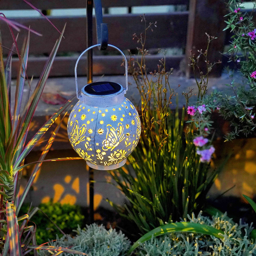 Set of 2 Solar Hanging Lantern Lights Outdoor Waterproof Metal Decorative for Garden Patio Yard Lawn and Tabletop Decorations. Unique Gifts for Women Mum Butterfly Lovers.