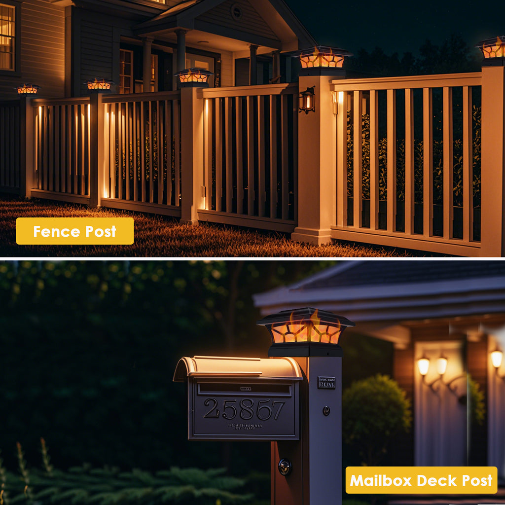 Solar Post Cap Lights Outdoor Flickering Flame & Warm White, Fits 4x4 5x5 6x6 Wooden or Vinyl Posts, Waterproof Solar Fence Deck Lights for Yard Garden Patio Decoration.