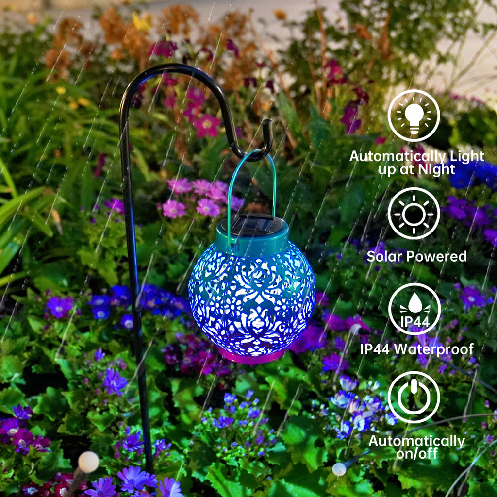 2 Pack Outdoor Solar Hanging Lantern Lights Metal LED Decorative Lamp for Garden Patio Courtyard Lawn and Table with Hollowed-Out Design (Royal Purple)