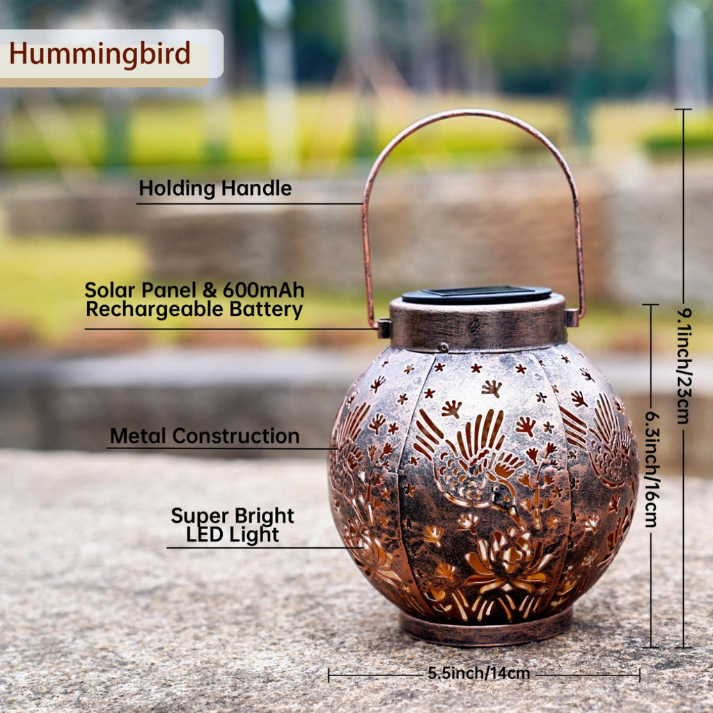 Set of 2 Solar Hanging Lantern Lights Outdoor Waterproof Metal Decorative for Garden Patio Yard Lawn and Tabletop Decorations. Unique Gifts for Women Mum Hummingbird Lovers.