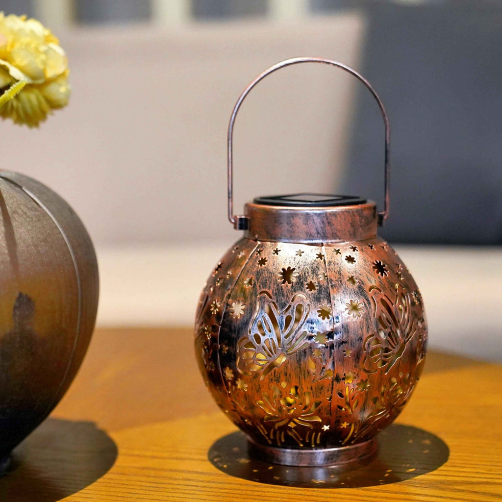 Set of 2 Solar Hanging Lantern Lights Outdoor Waterproof Metal Decorative for Garden Patio Yard Lawn and Tabletop Decorations. Unique Gifts for Women Mum Butterfly Lovers.