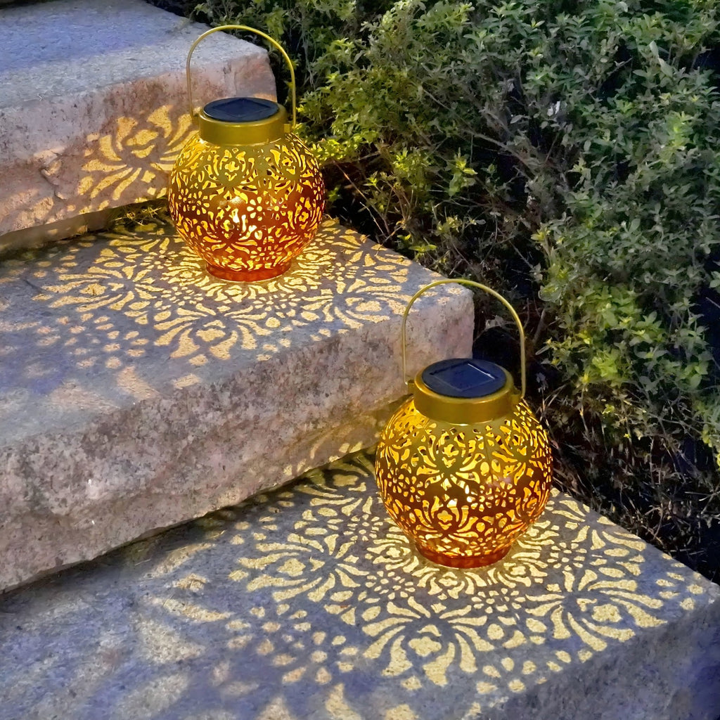 2 Pack Outdoor Solar Hanging Lantern Lights Metal LED Decorative Lamp for Garden Patio Courtyard Lawn and Table with Hollowed-Out Design (Sunset Blaze)