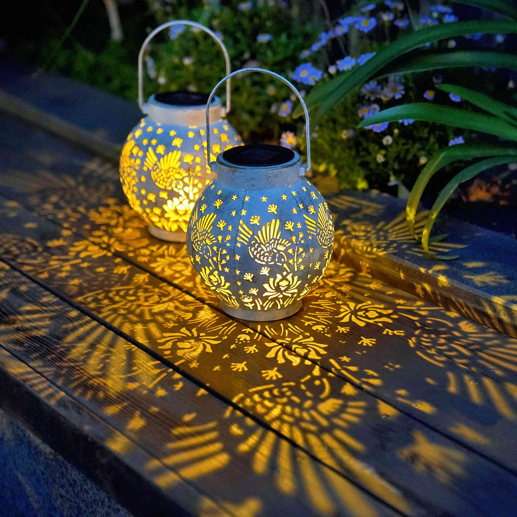 Set of 2 Solar Hanging Lantern Lights Outdoor Waterproof Metal Decorative for Garden Patio Yard Lawn and Tabletop Decorations. Unique Gifts for Women Mum Hummingbird Lovers.