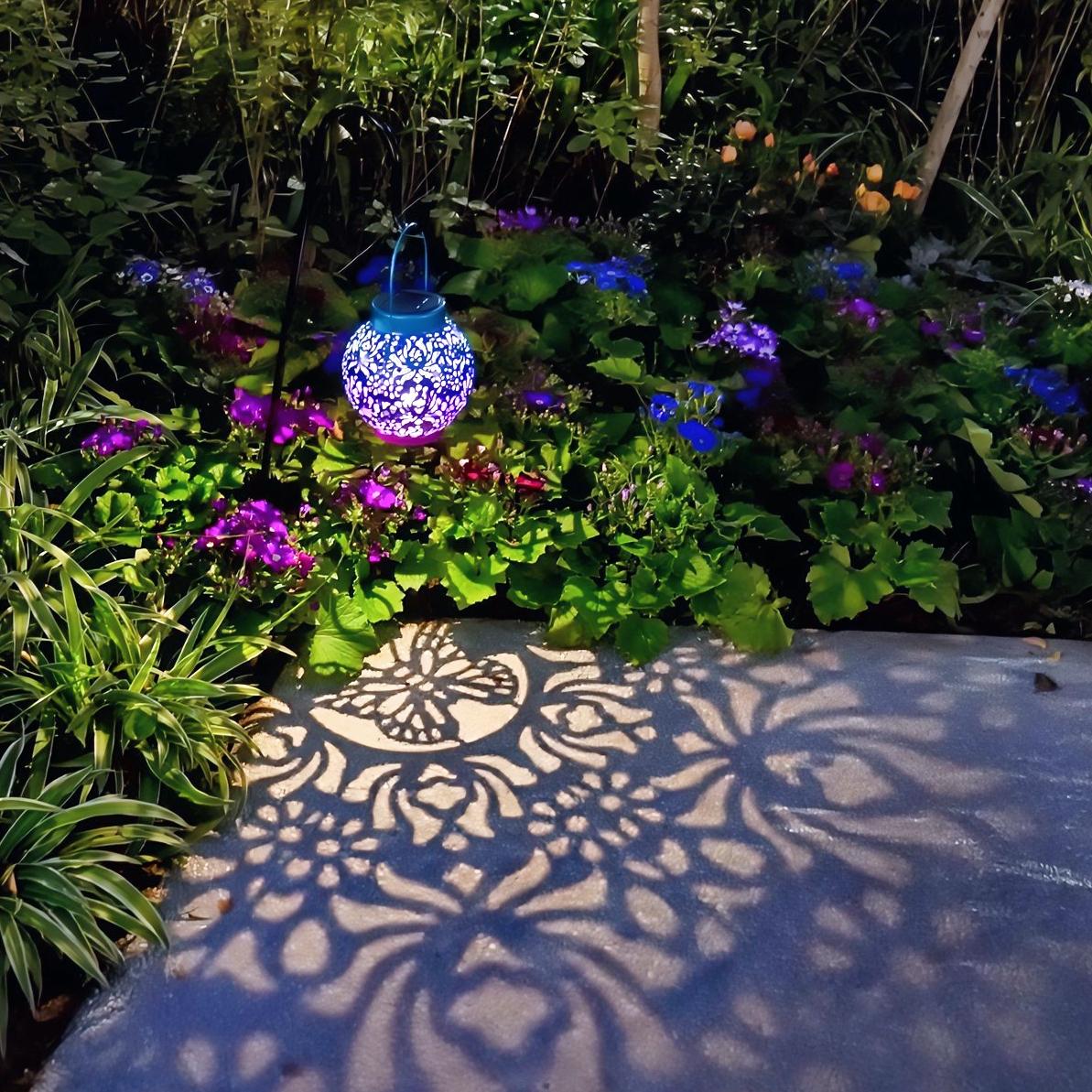 2 Pack Outdoor Solar Hanging Lantern Lights Metal LED Decorative Lamp for Garden Patio Courtyard Lawn and Table with Hollowed-Out Design (Royal Purple)