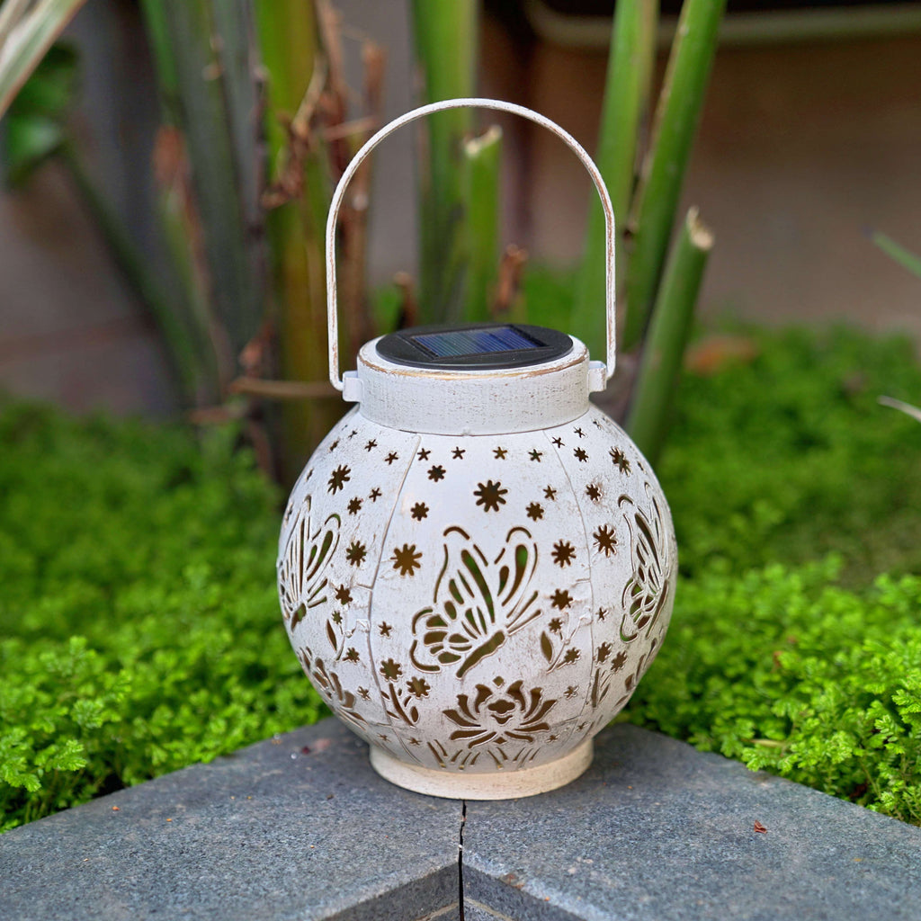 Set of 2 Solar Hanging Lantern Lights Outdoor Waterproof Metal Decorative for Garden Patio Yard Lawn and Tabletop Decorations. Unique Gifts for Women Mum Butterfly Lovers.