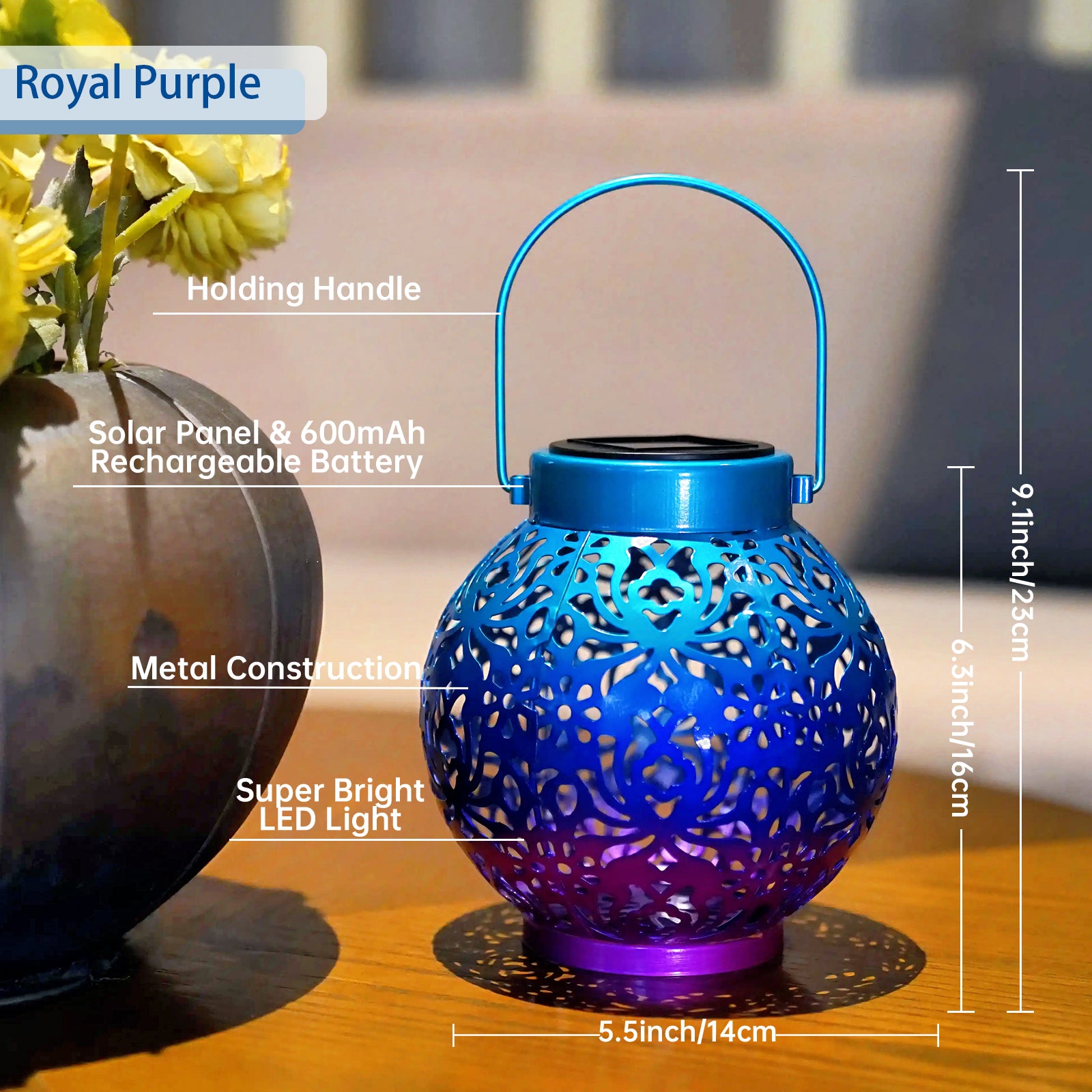 2 Pack Outdoor Solar Hanging Lantern Lights Metal LED Decorative Lamp for Garden Patio Courtyard Lawn and Table with Hollowed-Out Design (Royal Purple)