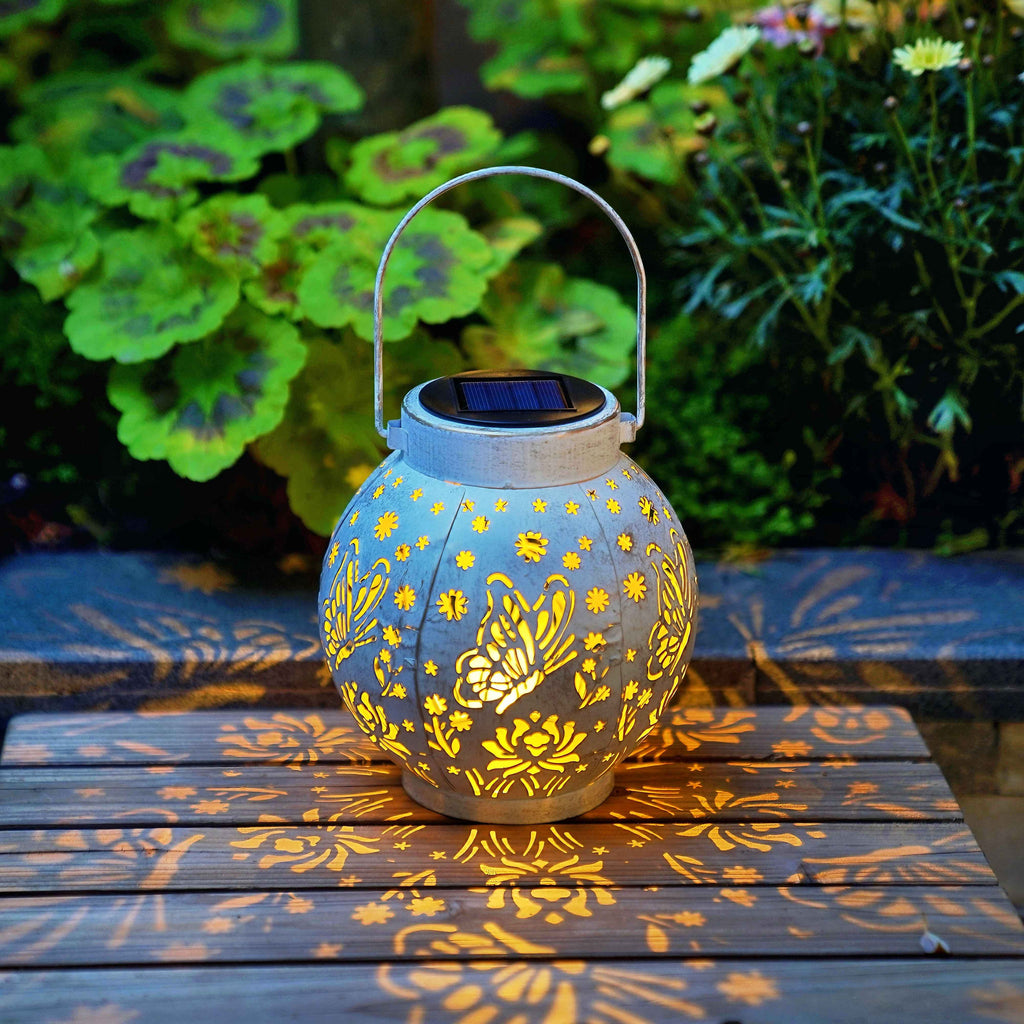 Set of 2 Solar Hanging Lantern Lights Outdoor Waterproof Metal Decorative for Garden Patio Yard Lawn and Tabletop Decorations. Unique Gifts for Women Mum Butterfly Lovers.