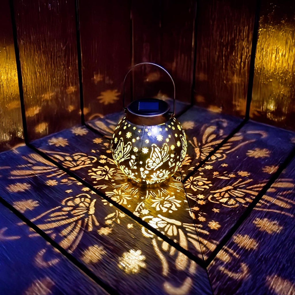 Set of 2 Solar Hanging Lantern Lights Outdoor Waterproof Metal Decorative for Garden Patio Yard Lawn and Tabletop Decorations. Unique Gifts for Women Mum Butterfly Lovers.