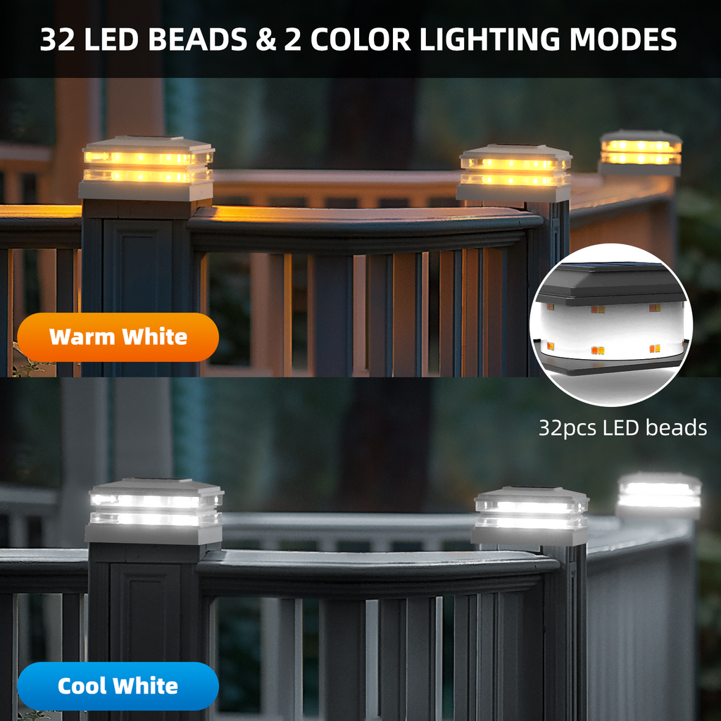 4x4 Solar Post Cap Lights Outdoor Waterproof Fence Deck Post Lights with High-Brightness LEDs, Dual Light Modes Warm & Cool White.