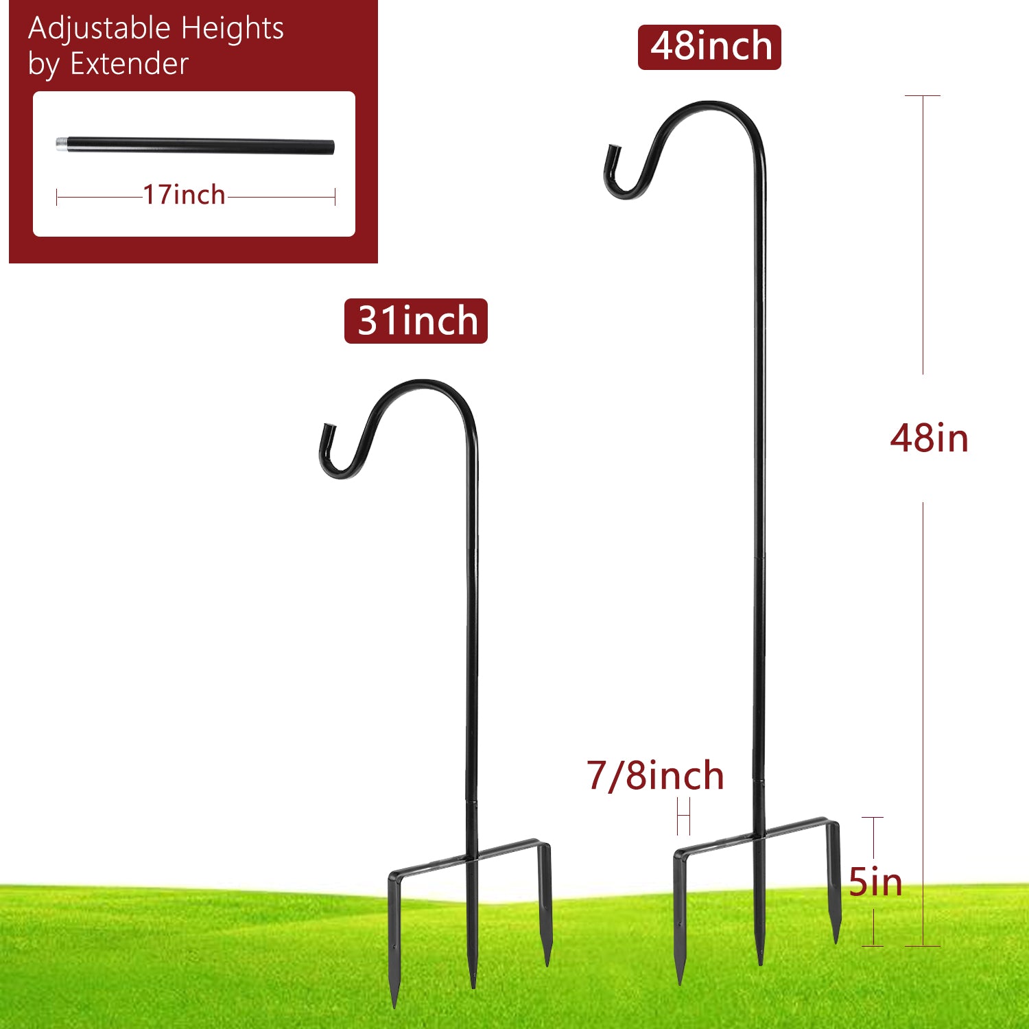 Shepherd Hook 48 inch 1/2 inch Thick Use at Weddings, Hanging Solar Lights, Lanterns, Bird Feeders, Metal Hanger Hook. U.S. Patent.