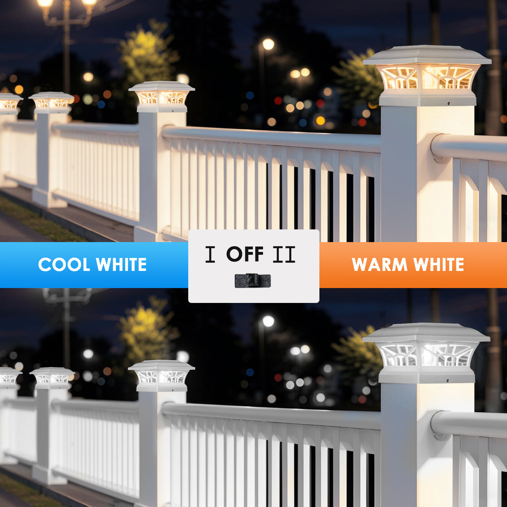 Solar Post Cap Lights Outdoor Waterproof, Fits 4x4, 5x5, 6x6 Wooden & Vinyl Fence Decks, Edison LED Bulb with Warm & Cool White Light Modes. White color.