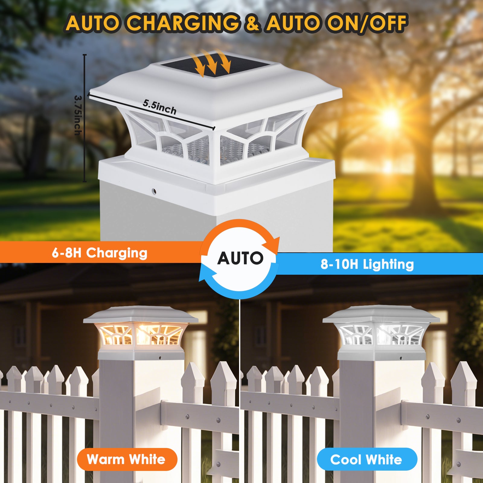 Solar Post Cap Lights Outdoor Waterproof, Fits 4x4, 5x5, 6x6 Wooden & Vinyl Fence Decks, Edison LED Bulb with Warm & Cool White Light Modes. White color.