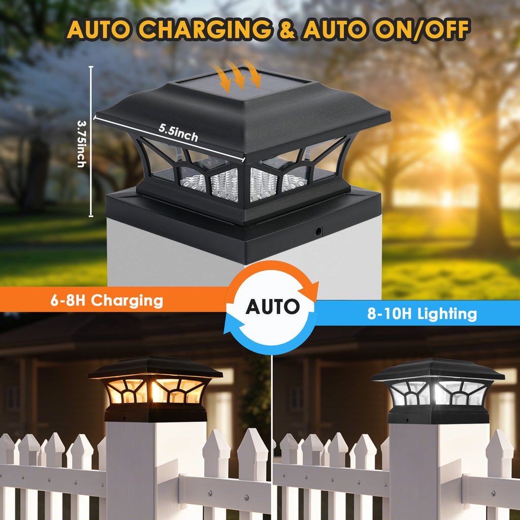 Solar Post Cap Lights Outdoor Waterproof, Fits 4x4, 5x5, 6x6 Wooden & Vinyl Fence Decks, Edison LED Bulb with Warm & Cool White Light Modes. Black color.