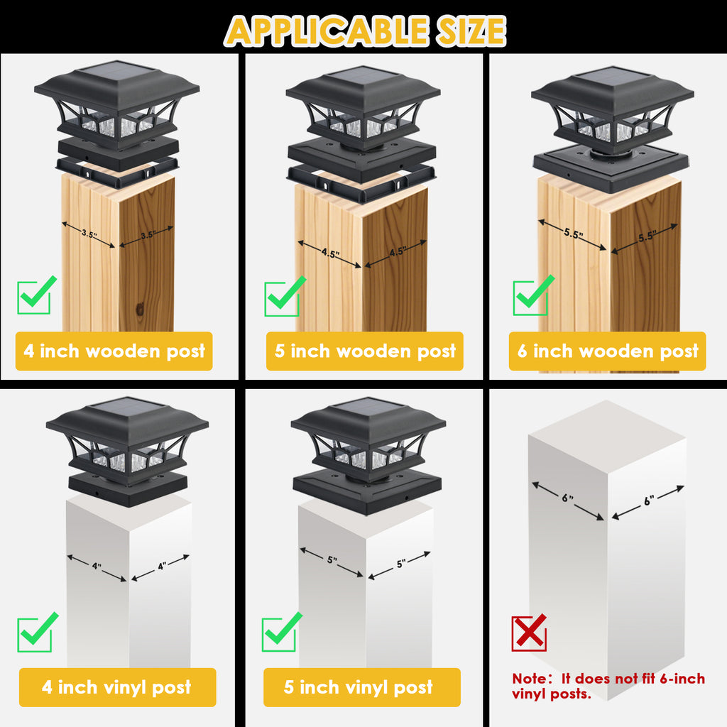 Solar Post Cap Lights Outdoor Waterproof, Fits 4x4, 5x5, 6x6 Wooden & Vinyl Fence Decks, Edison LED Bulb with Warm & Cool White Light Modes. Black color.