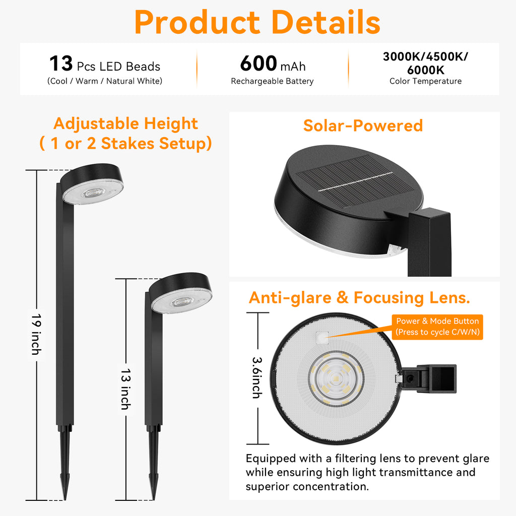 Solar Pathway Lights with Warm White/Neutral White/Cool White, Automatic Dusk to Dawn Outdoor Solar Garden Lights for Yard, Lawn, Walkway & Landscape