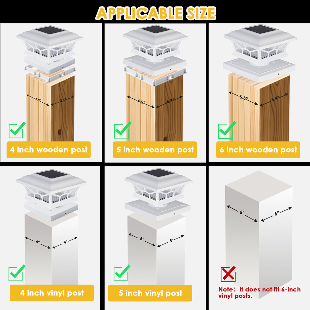 Solar Post Cap Lights Outdoor Waterproof, Fits 4x4, 5x5, 6x6 Wooden & Vinyl Fence Decks, Edison LED Bulb with Warm & Cool White Light Modes. White color.
